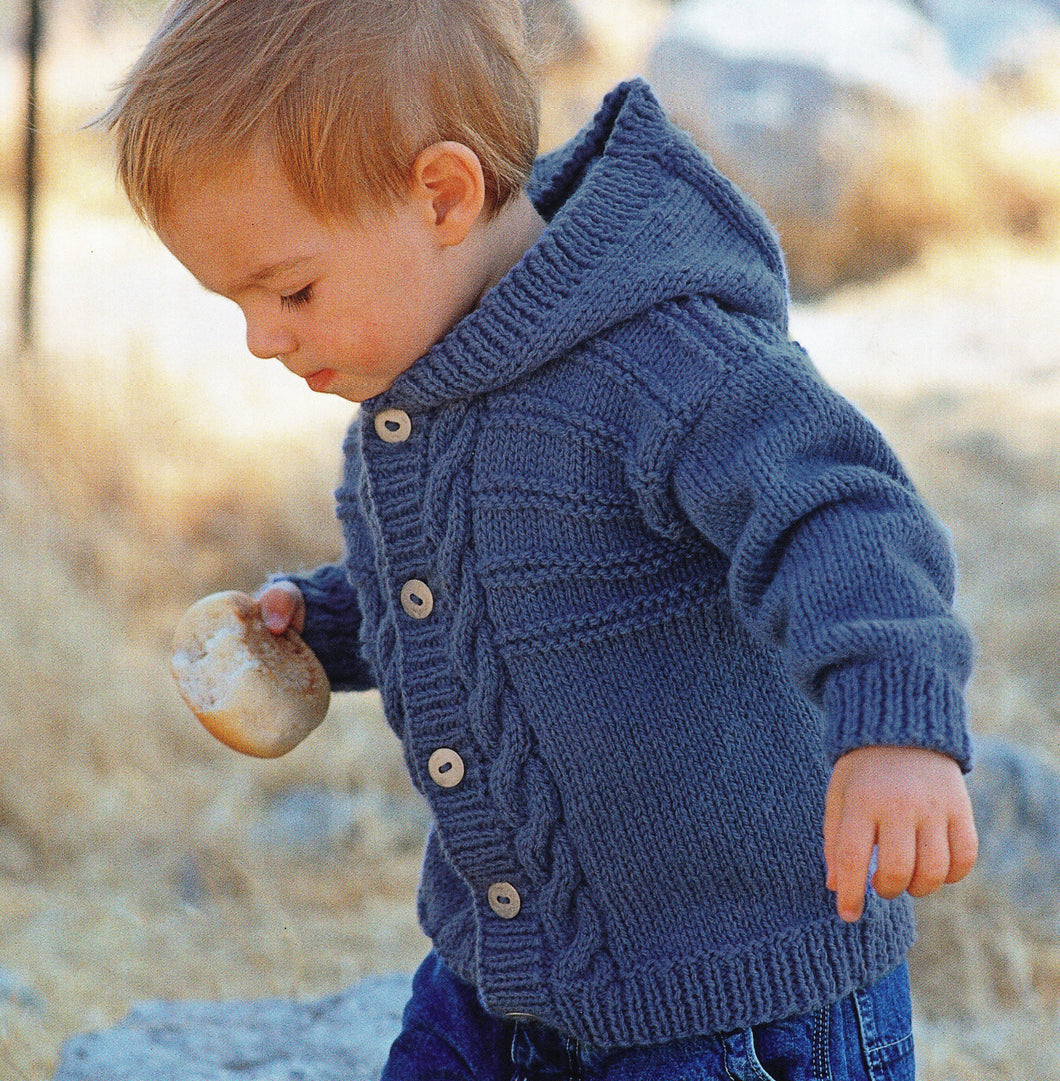 Child's Easy Cable Cardigan-& Hooded Jacket Boy- Girl- Knitting Pattern -Aran(Worsted weight) Instant Download-18-28