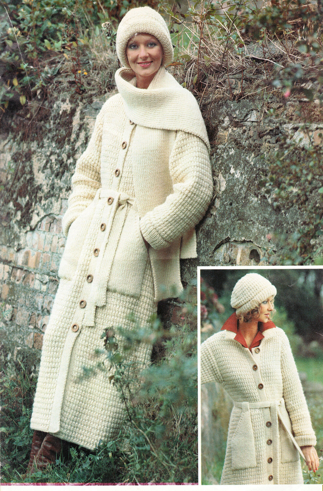 Woman's Long Rib & Cable Coat Hat Ribbed Scarf- Chunky Bulky 12 ply wool Download PDF- Vintage  32- 40