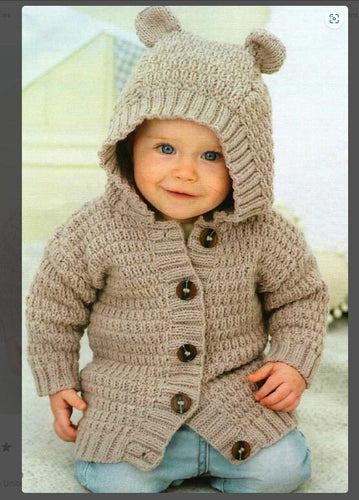 Baby Hooded Jacket Cardigan with ears Boys Girls easy knit - DK ( 8 ply ) 16 - 24