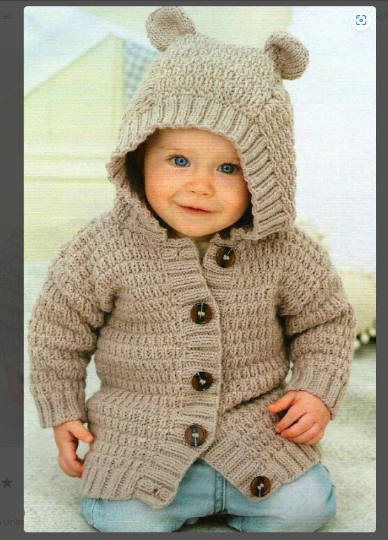 Baby Hooded Jacket Cardigan with ears Boys Girls easy knit - DK ( 8 ply ) 16 - 24