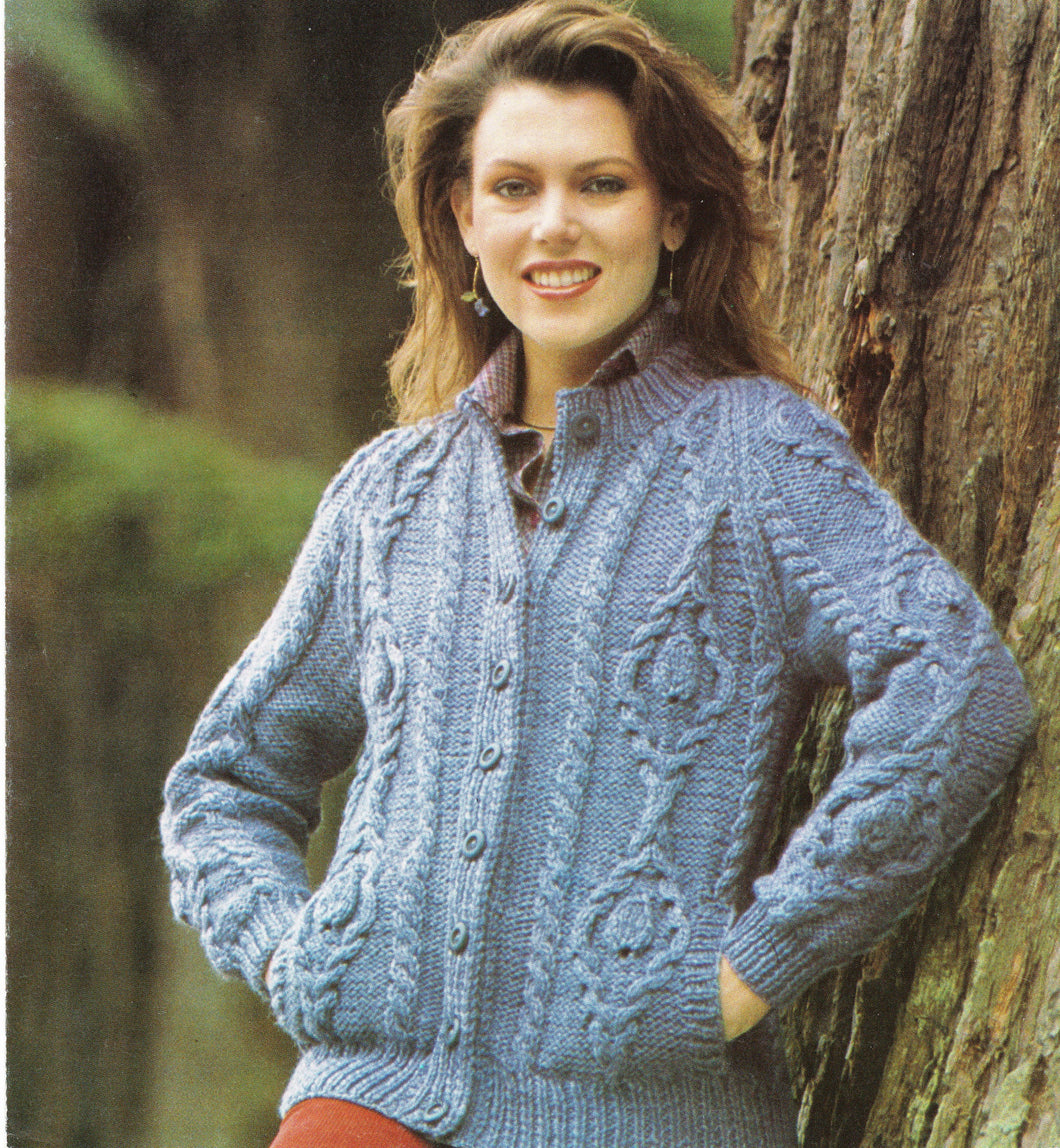 Woman's Cable Cardigan- Jacket- Knitted in Chunky Bulky 12 ply wool Download PDF- Vintage  32- 40