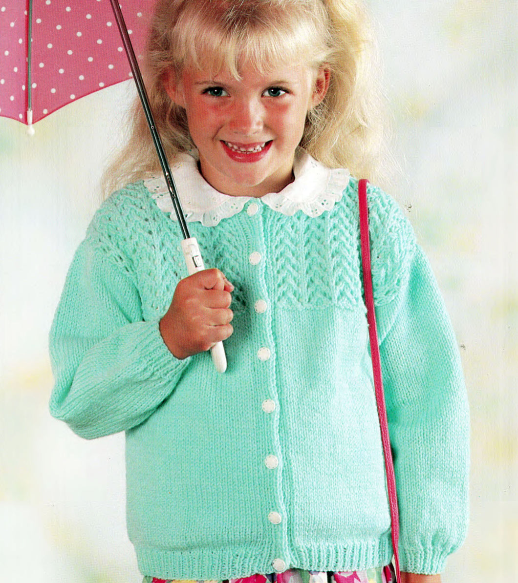 Girl Lace top Round Neck Cardigan- chest 20 - 26 inches- Download Pdf- 8Ply or Double Knitting wool needed PDF Knitting Pattern