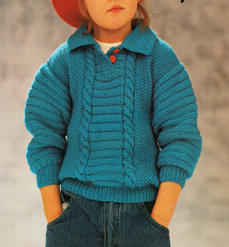 Boys Button neck Cable Jumper- 8 ply- double knitting wool- 24 - 30 in Chest Download PDF Knitting Pattern