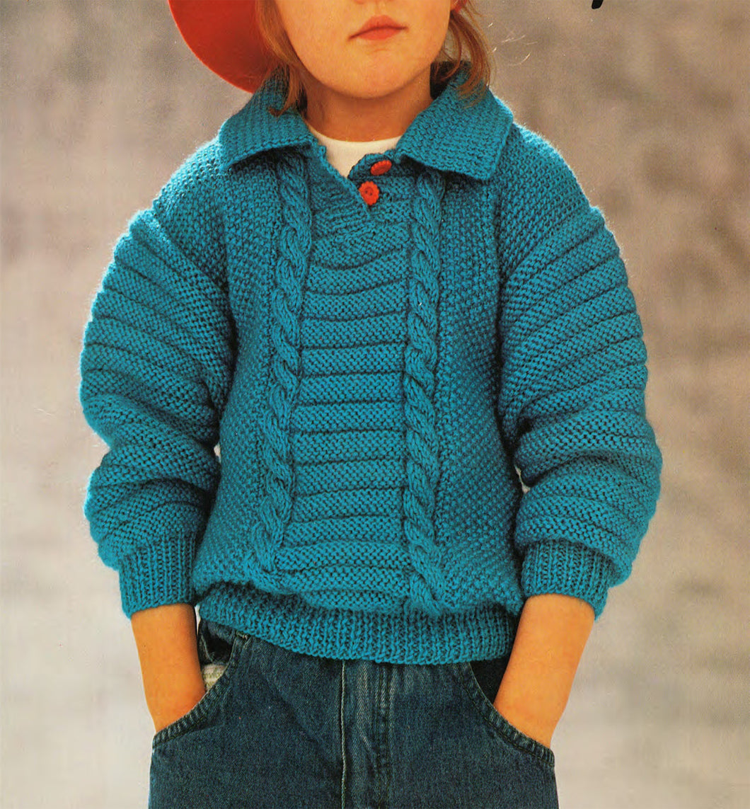 Boys Button neck Cable Jumper- 8 ply- double knitting wool- 24 - 30 in Chest Download PDF Knitting Pattern