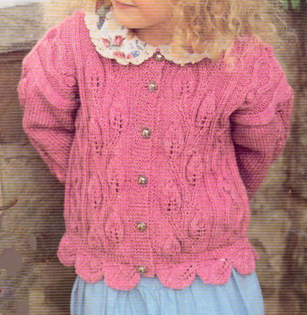 Girl's Long sleeved scalloped edge trailing Leaf Cardigan Knitting pattern- DK (8ply) 22-30