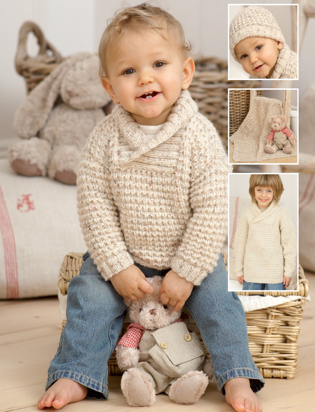 Child's Easy Knit Long or short shawl collared Jumper and Hat, with Blanket Knitting pattern- DK (8ply) 16-26