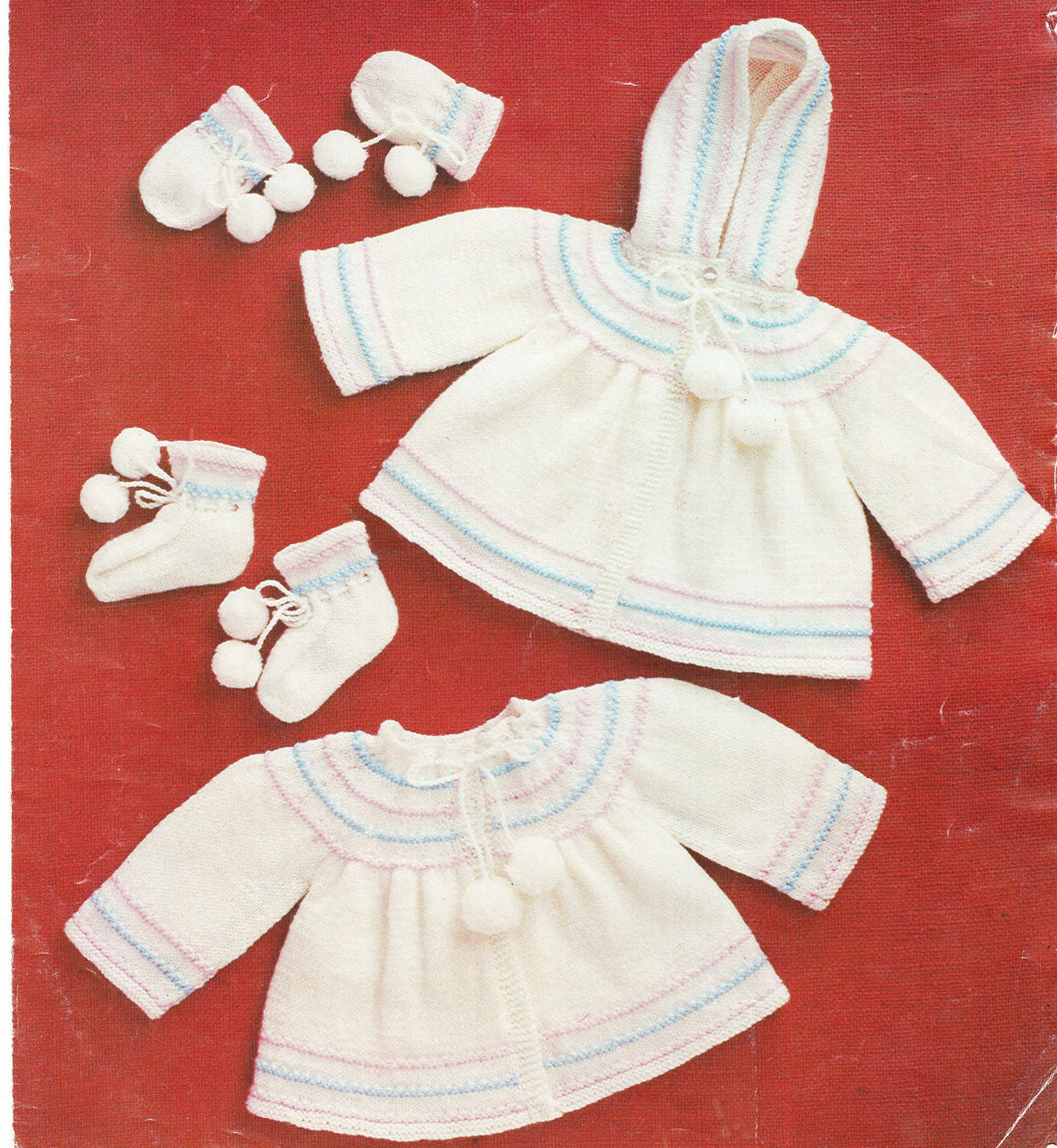 Hooded matinee coat, Knitted Jacket & Bootees with mitts- Vintage download PDF- 12