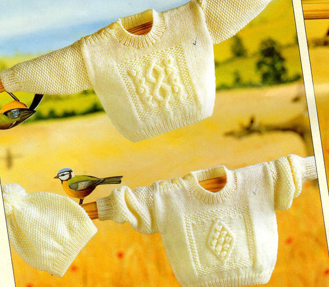 Boy or Girl's Easy Knit Cable- Bobble Jumpers & Hat~ DK (8ply) 16- 22