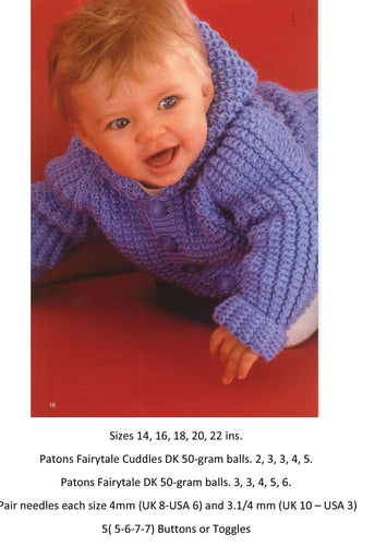 Child's  Hooded split side Jacket- Easy Knit~DK (8 ply) yarn 12-22