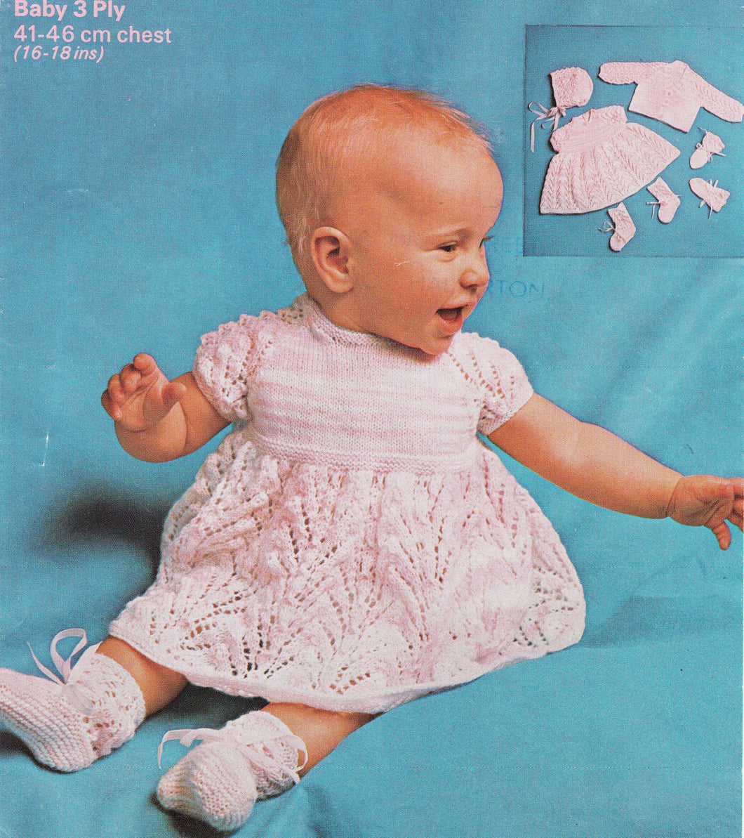 Little girls vintage dress, jacket, bootees, hat and mitts  in 3ply fits 16 to 18 Chest- Download PDF Vintage Baby