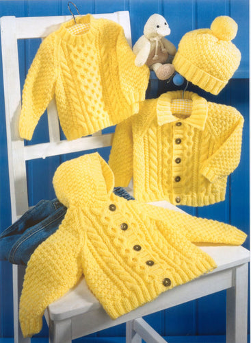 Childrens Cable sweater, Jumper, cable hooded Jacket and Cardigan with hat, DK (8ply) 16 - 26