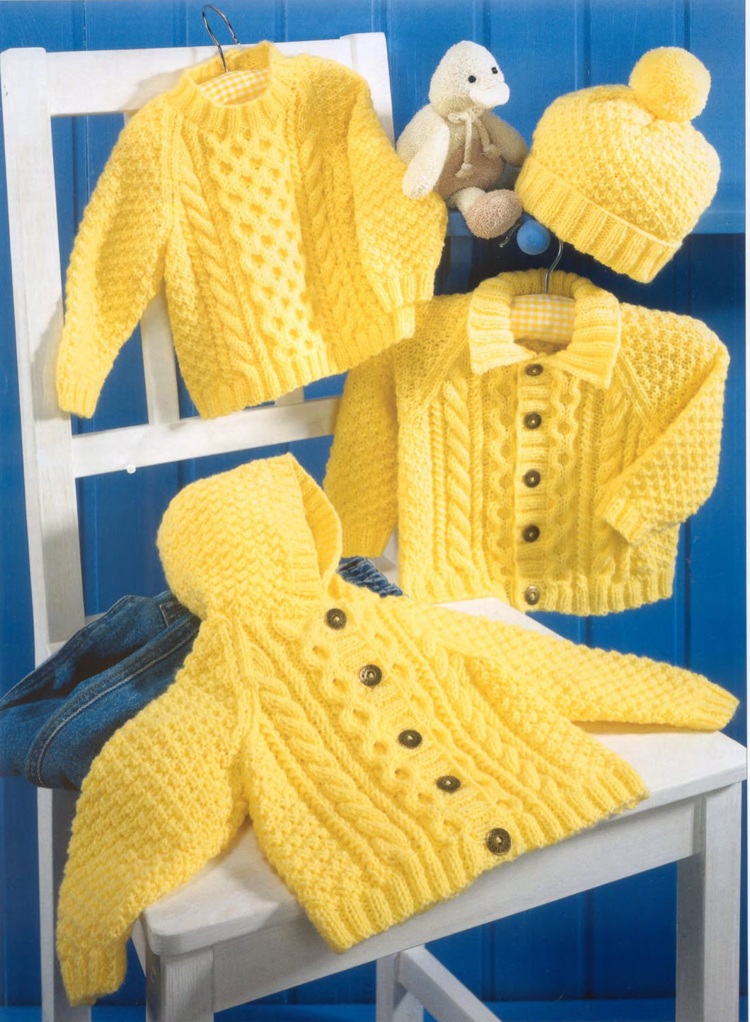 Childrens Cable sweater, Jumper, cable hooded Jacket and Cardigan with hat, DK (8ply) 16 - 26