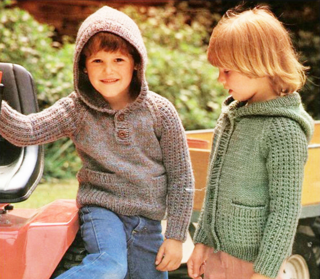 Childs; hooded sweater or Cardigan in Chunky- Bulky wool Fits chest 20 up to 26 Inches, Knitting pattern PDF Download