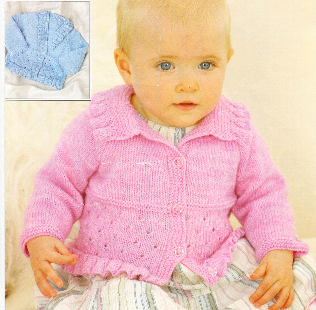 Girl's Long sleeved Eyelet frilled V neck- round neck  Cardigans Knitting pattern- (4ply) 16-26