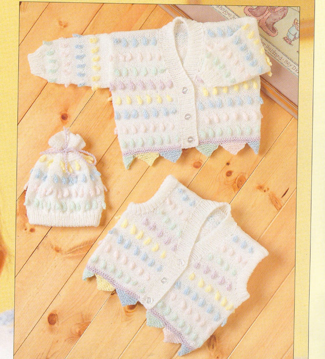 Baby Frilled border & Bobble Cardigan- waistcoat - Hat - DK (8PLY) Light Worsted Yarn Fits 16-22 chest- Knitting pattern  Download PDF