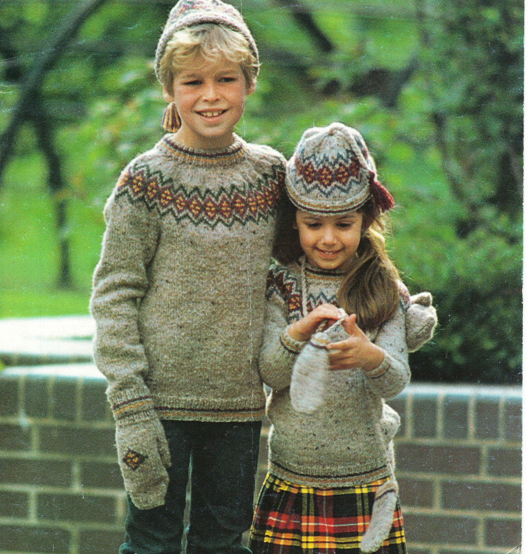 Children's Fair Isle set-  Yoked Icelandic style Jumper- Hat- Gloves - Knitting Pattern DK (8Ply), Children 22-28 chest Instant Download PDF