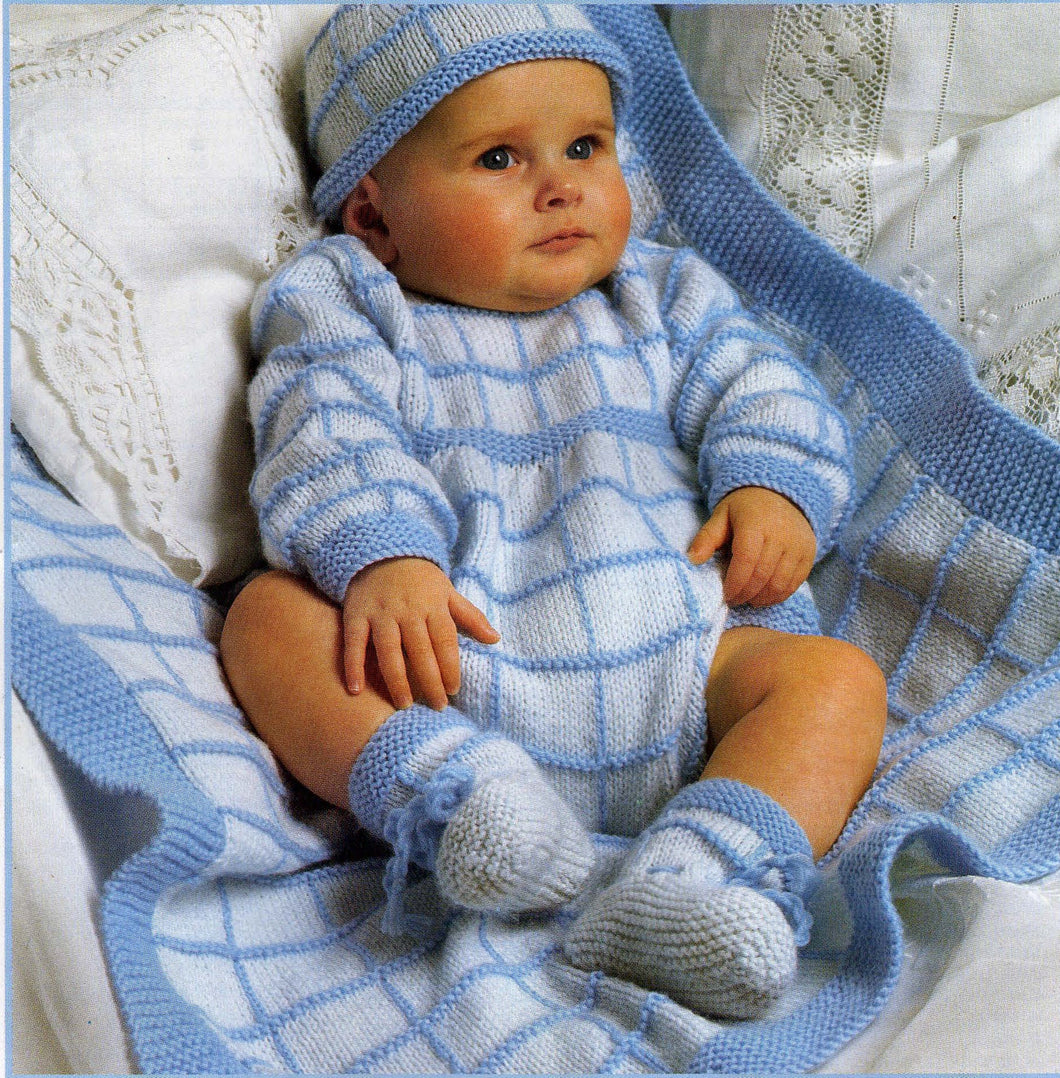 Easy Baby Boy Rompers~Bootees~Hat & Pram cover Blanket in DK (8ply) fits 18 - 20