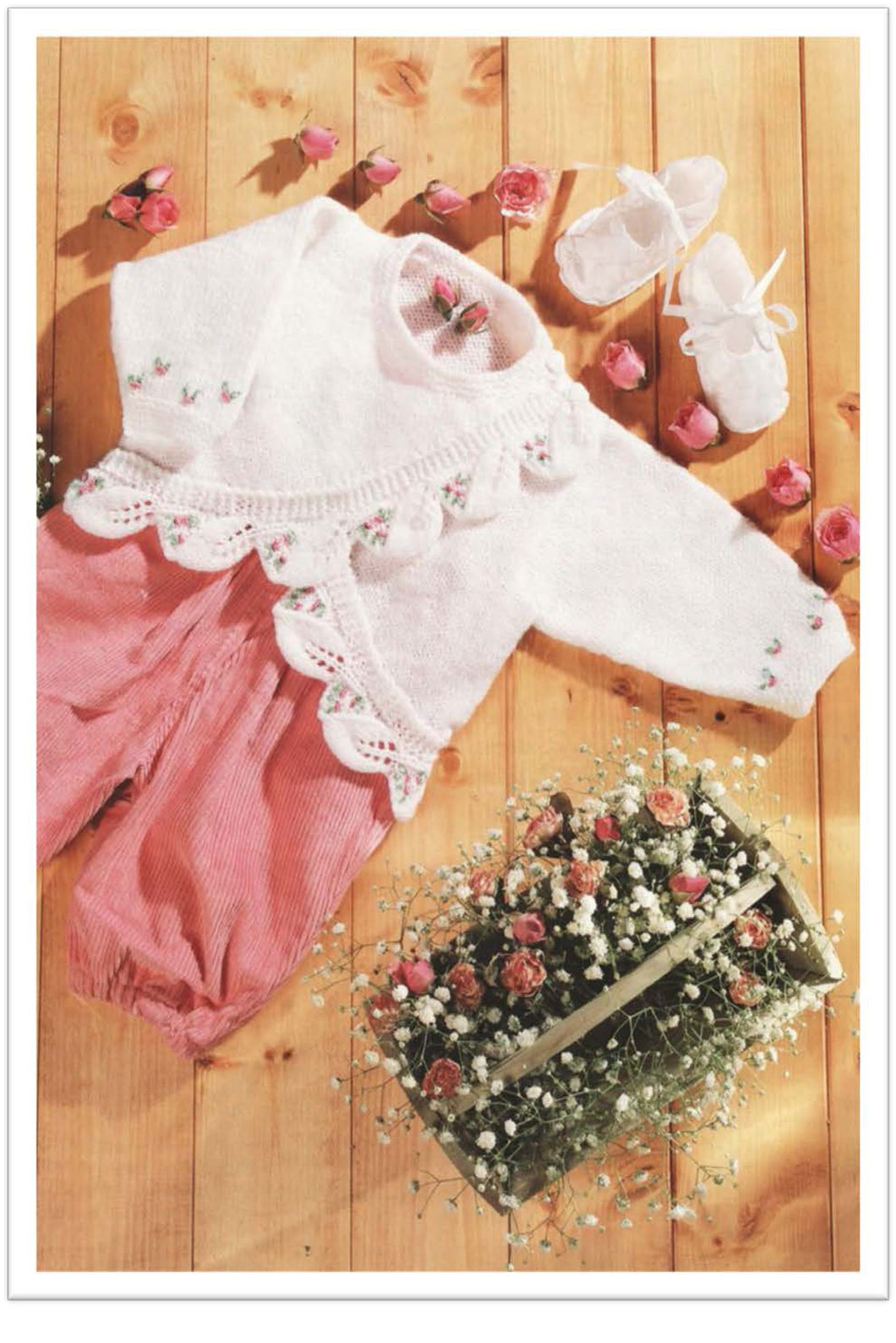 Baby Girl's Leaf Scalloped border rosebud Cardigan DK (8ply) 16- 22