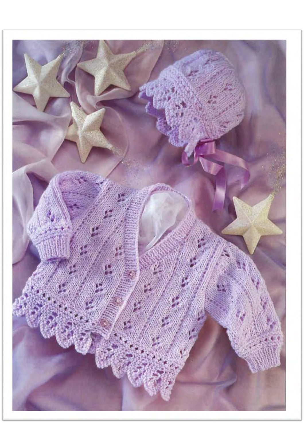 Baby Girl's Eyelet scalloped edge cardigan and hat pattern in DK- 8ply- fits 16 - 26