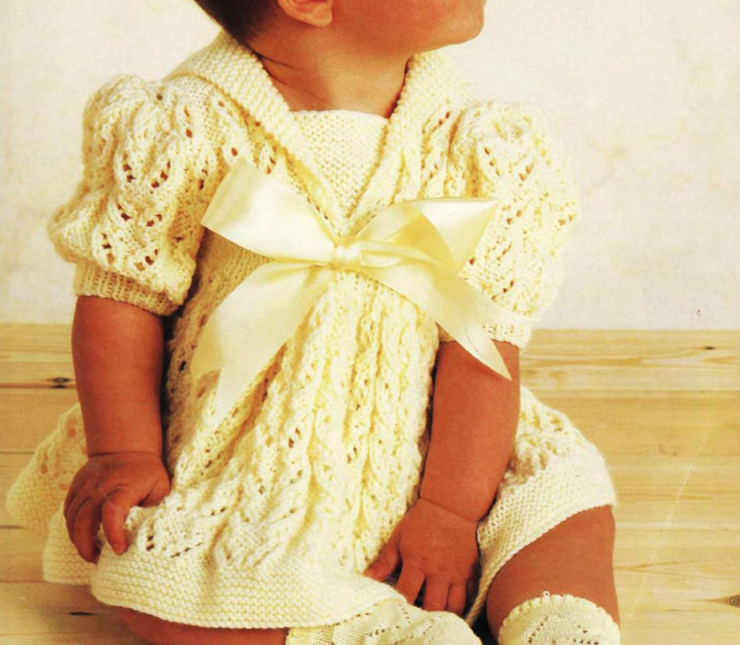 Baby Girls- Puffed sleeved dress in DK wool- fits 16-22 chest (8ply) Downloadable PDF Knitting Pattern