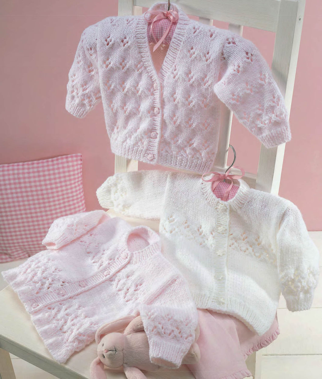Baby Girl's  Eyelet Cardigans - 3 designs on 1 pattern- knit in DK-8 ply Light worsted  chest 16-26