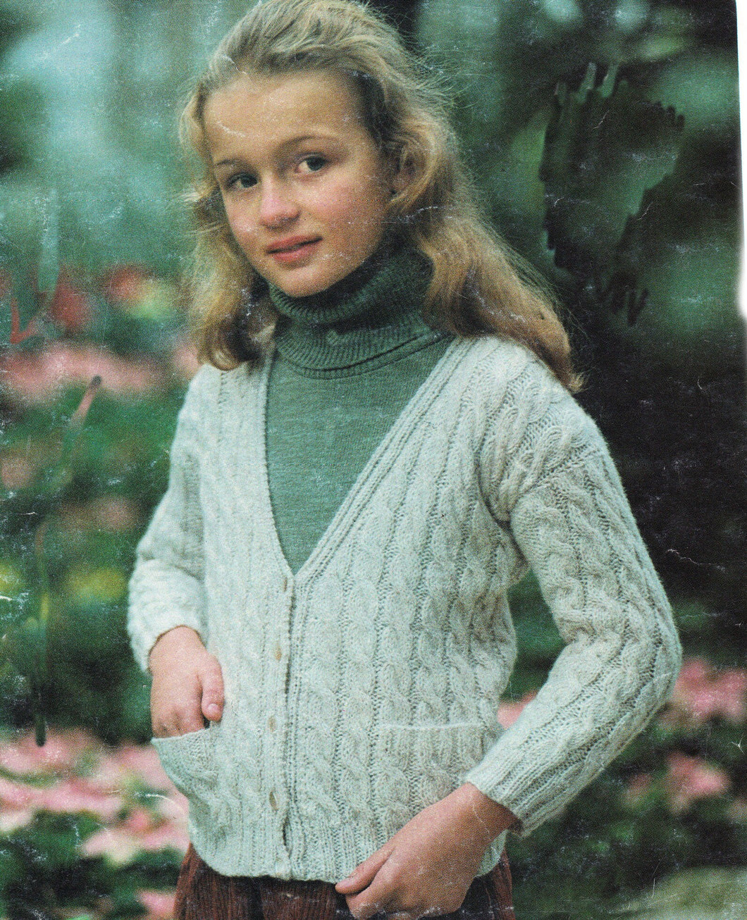 Girl's Cable Knit Cardigan with pockets. Knitted in DK/8ply wool- chest 24