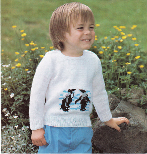 Boy's Button Top Penguin motif sweater -Jumper in DK (8 Ply) Light worsted yarn-  (18 - 24