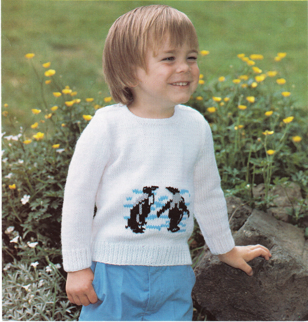 Boy's Button Top Penguin motif sweater -Jumper in DK (8 Ply) Light worsted yarn-  (18 - 24