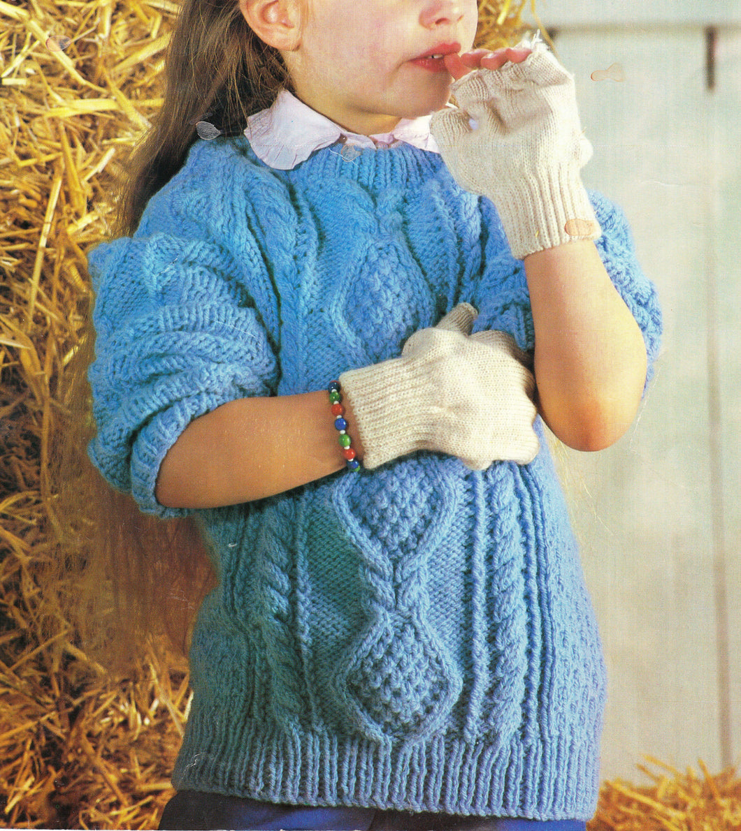 Girls Easy Aran 10ply Long Cable sweater- Jumper  24- 32 inches-Download PDF Knitting Pattern