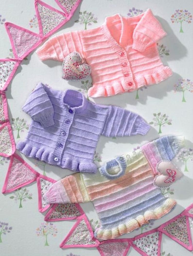 Baby Girl Cardigan Sweater Jumper Round V Neck Frilly Peplum PDF Knitting Pattern DK ( 8 ply ) 12 - 22
