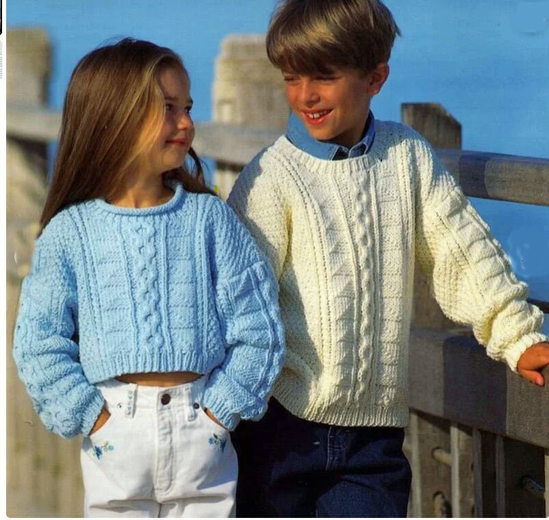 Easy Knit Aran Sweater Round Roll Neck Drop Shoulder Short Long Boys Girls 22-32