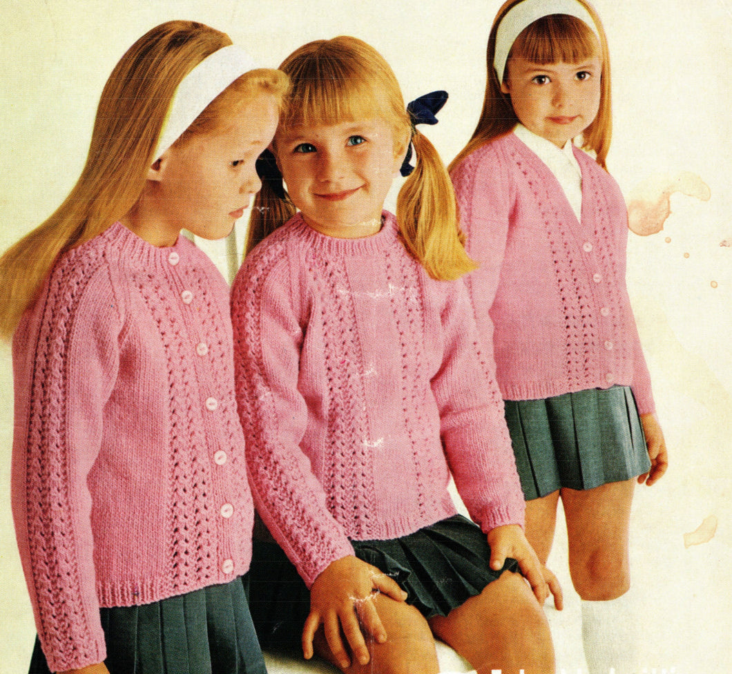 Girls Cardigan & Sweater Jumper Round or V Neck, Raglan Sleeve, Childs 22 - 32 inch Chest ~DK 8Ply Knitting Pattern PDF Instant download