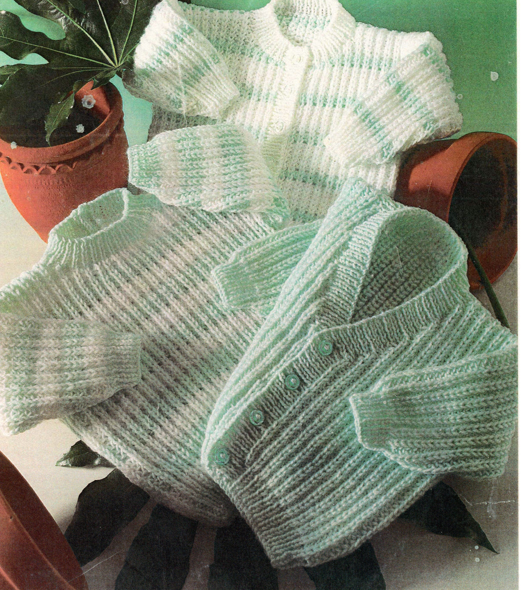 Easy Knit Babies & Toddlers Plain -Striped  Rib Jumper-Cardigans 8ply- DK- light Worsted -Knitting Pattern- PDF-Download 16-22 ( 0-24 mths)