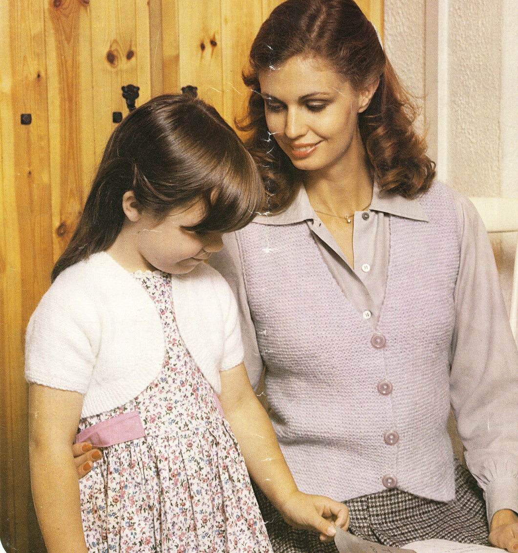 Woman's  Easy Garter stitch Waistcoat & Girls Bolero Cardigan Knitting pattern  DK-8Ply -Light worsted  24 38