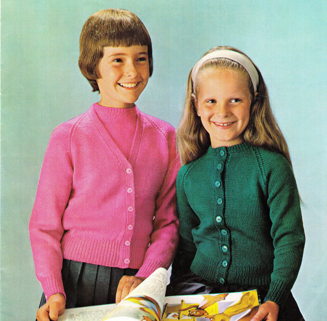 Classic Girls V Neck & Round Neck Raglan Cardigans -  with round neck jumper 26-340~ 4 Ply  Knitting Pattern pdf Instant Download