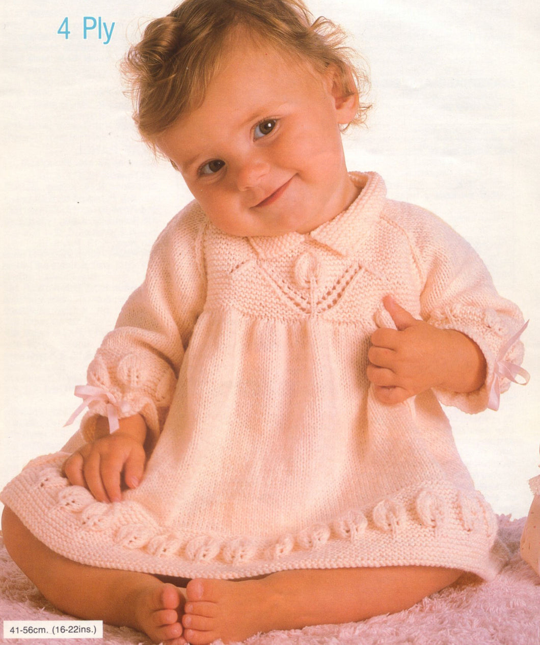 Baby Girl-Toddler Long sleeved Leaf garter stitch yoke dress ~ Collar in 4 ply Yarn Fits from 16-22