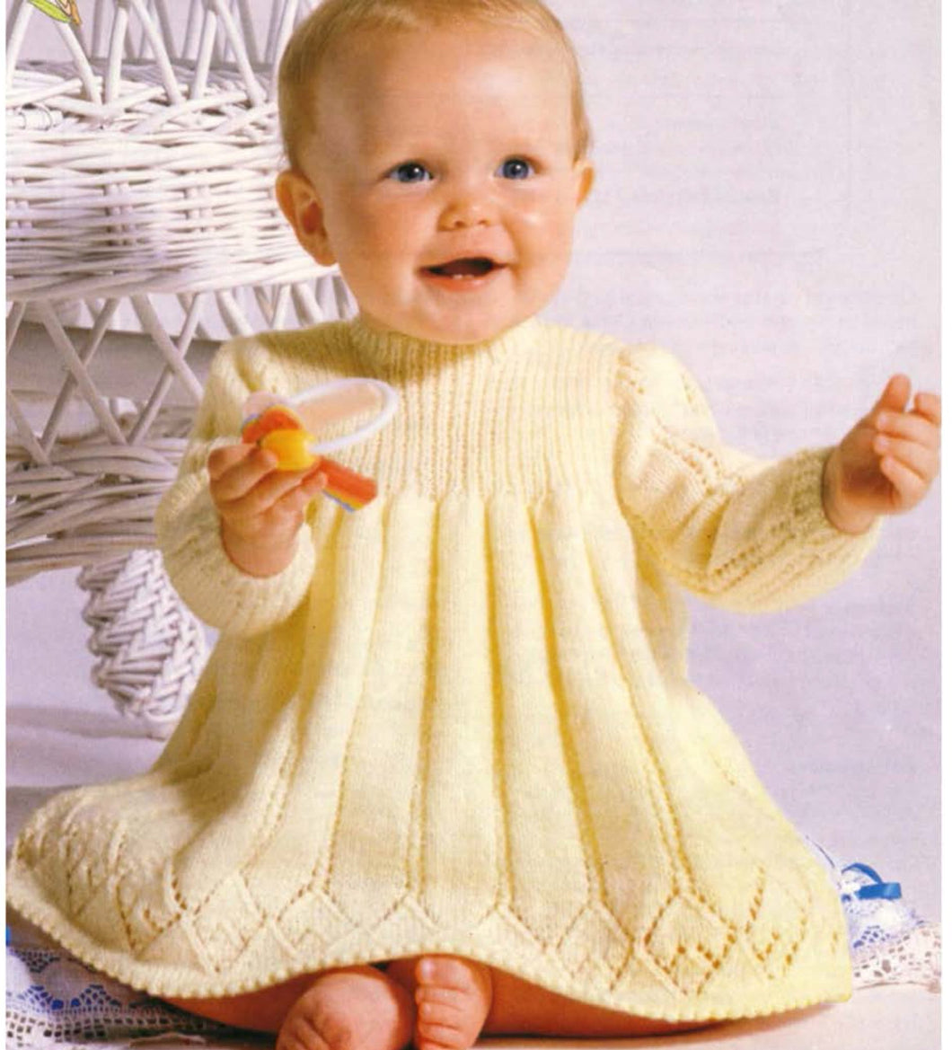 Baby Girl-Toddler Long sleeved Diamond Ribbed yoke dress  set in sleeves 4 ply (Fingering) Yarn Fits  18-20