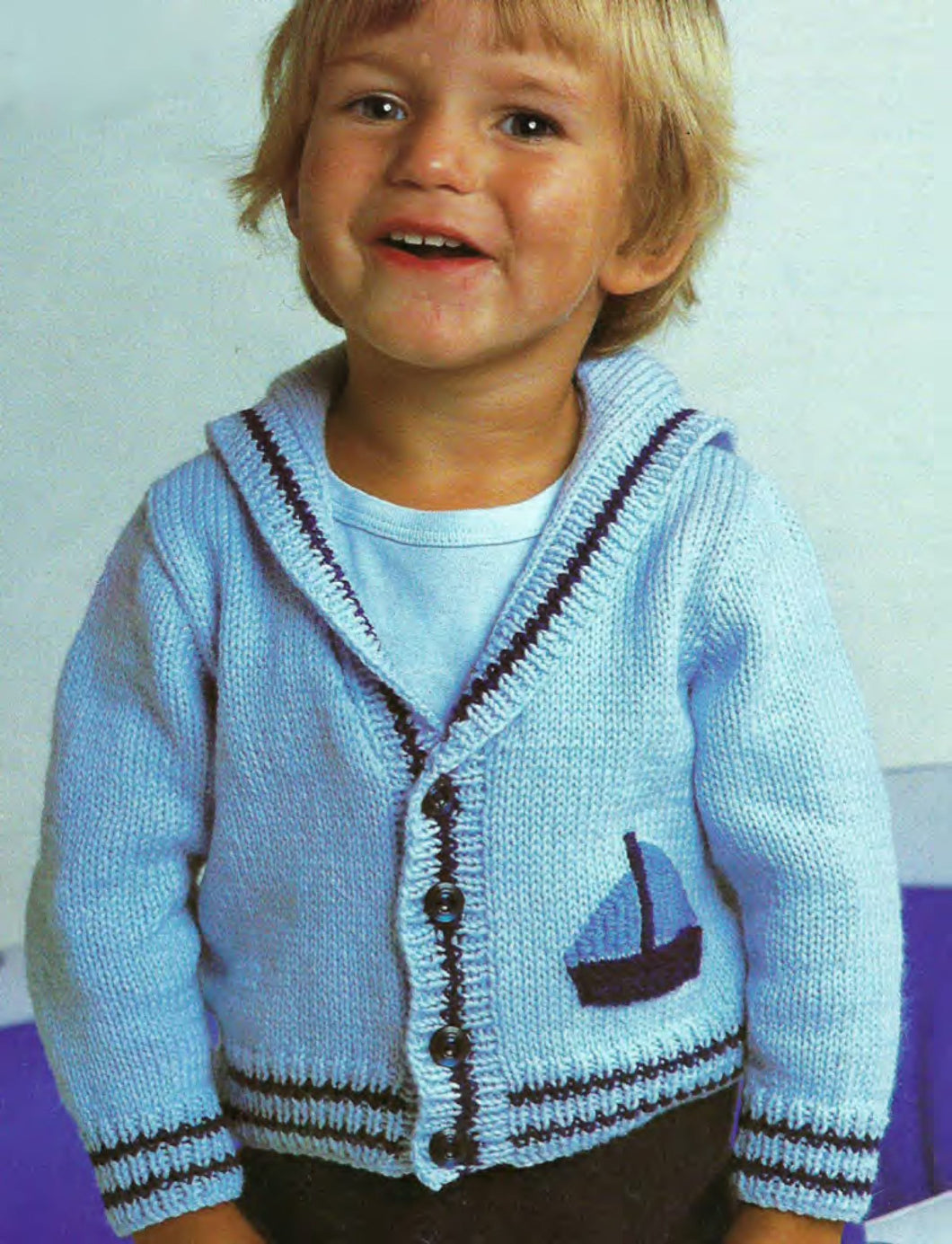Boys Sailor Collared Cardigan- Ships Motif Embroidery ~ DK 9Ply Light Worsted wool Fits 20 - 26 