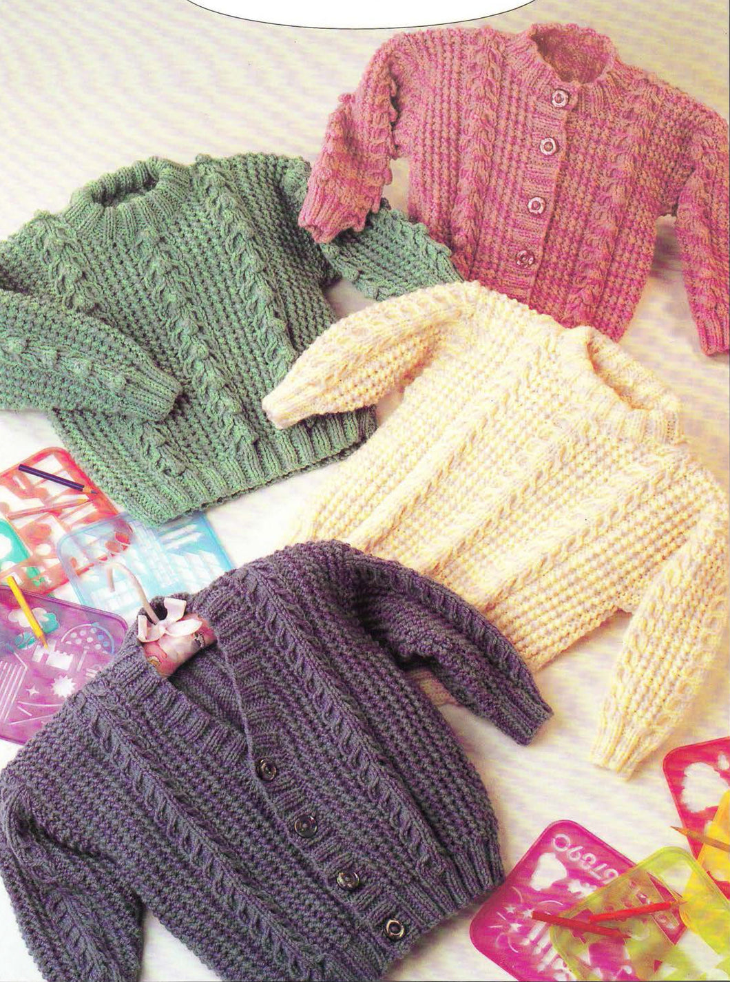 Boy- Girls- Toddler -Aran cable Jumper & Cardigans in 10 ply Worsted yarn- Set in sleeves- 3 styles to knit 20-26