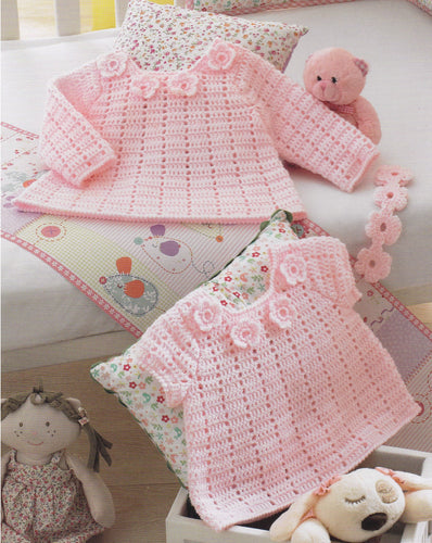 Baby Crochet - Tunic, dress overtop with crocher flowers   8 Ply  DK Light worsted wool- Premi 12 - 22