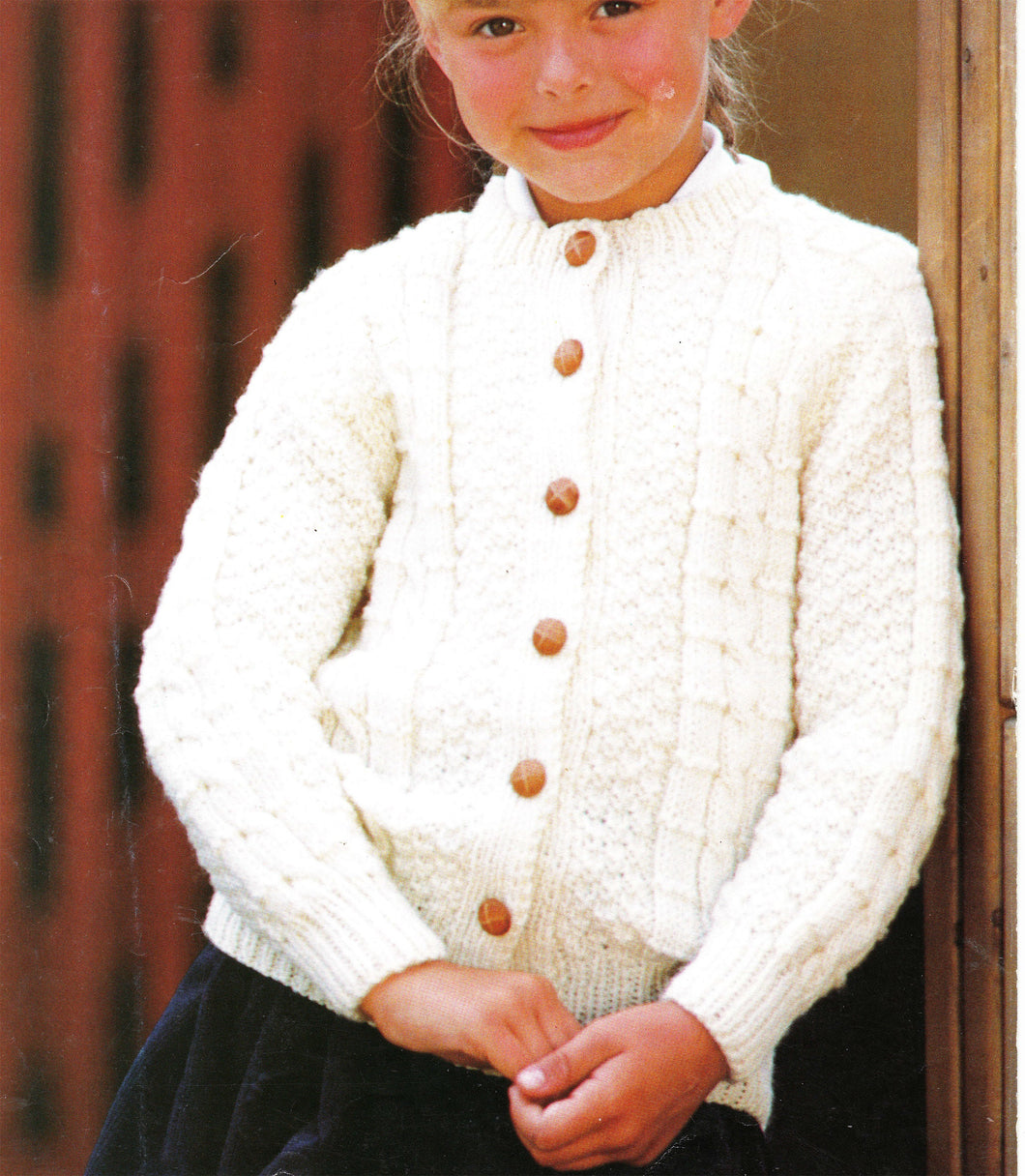 Girls- Aran Weight Round Neck Cable Cardigan- Aran- Worsted 10 Ply yarn- fits chest 22