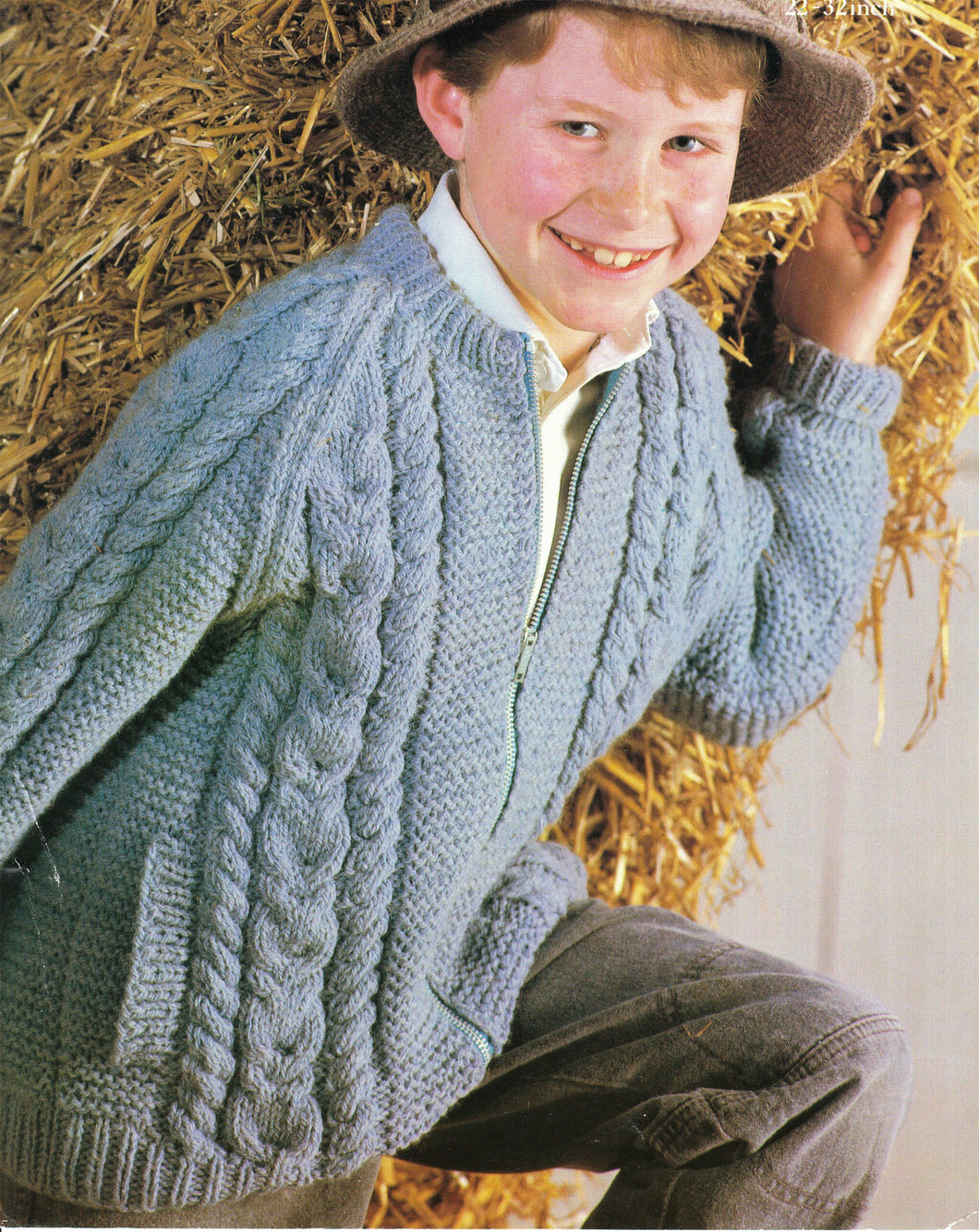 Boys- Aran Weight Round Neck Cable  Zipped Jacket- Pockets- Aran- Worsted 10 Ply yarn- fits chest 22