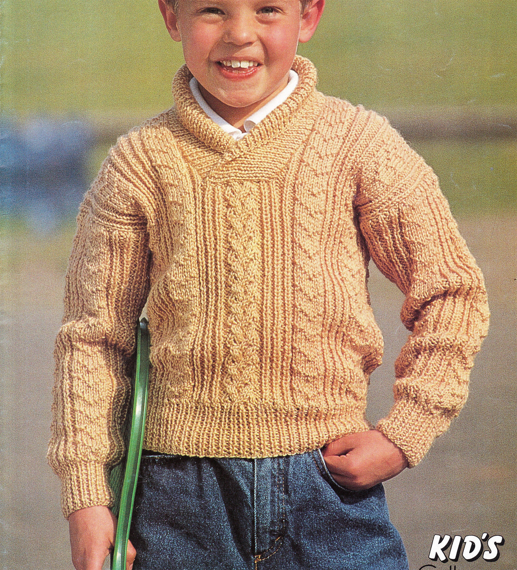 Boy's Shawl Neck cable jumper- sweater in DK- 8ply Light worsted wool- fits chest 22