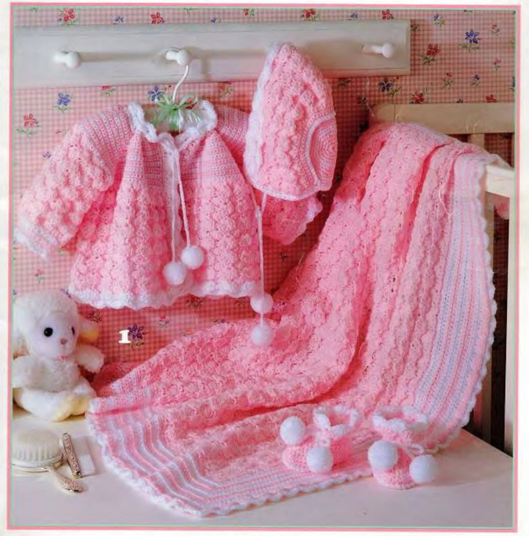 Baby girls Jacket Hat Bootees & Blanket ~ Sport weight Yarn 3 - 6 mths  Crochet Pattern PDF Instant Download
