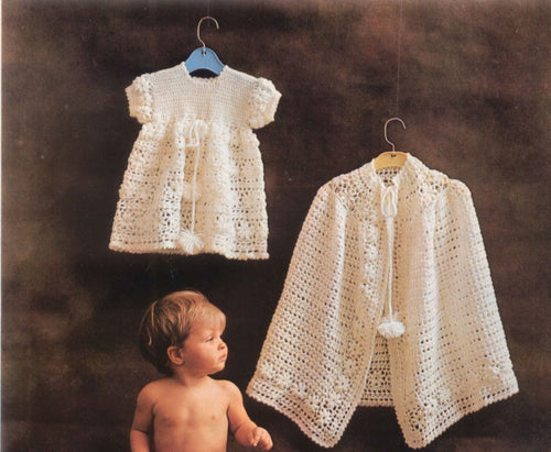 Baby Toddler Crochet  Christening set-Daisy Squares dress- cape  Size 20