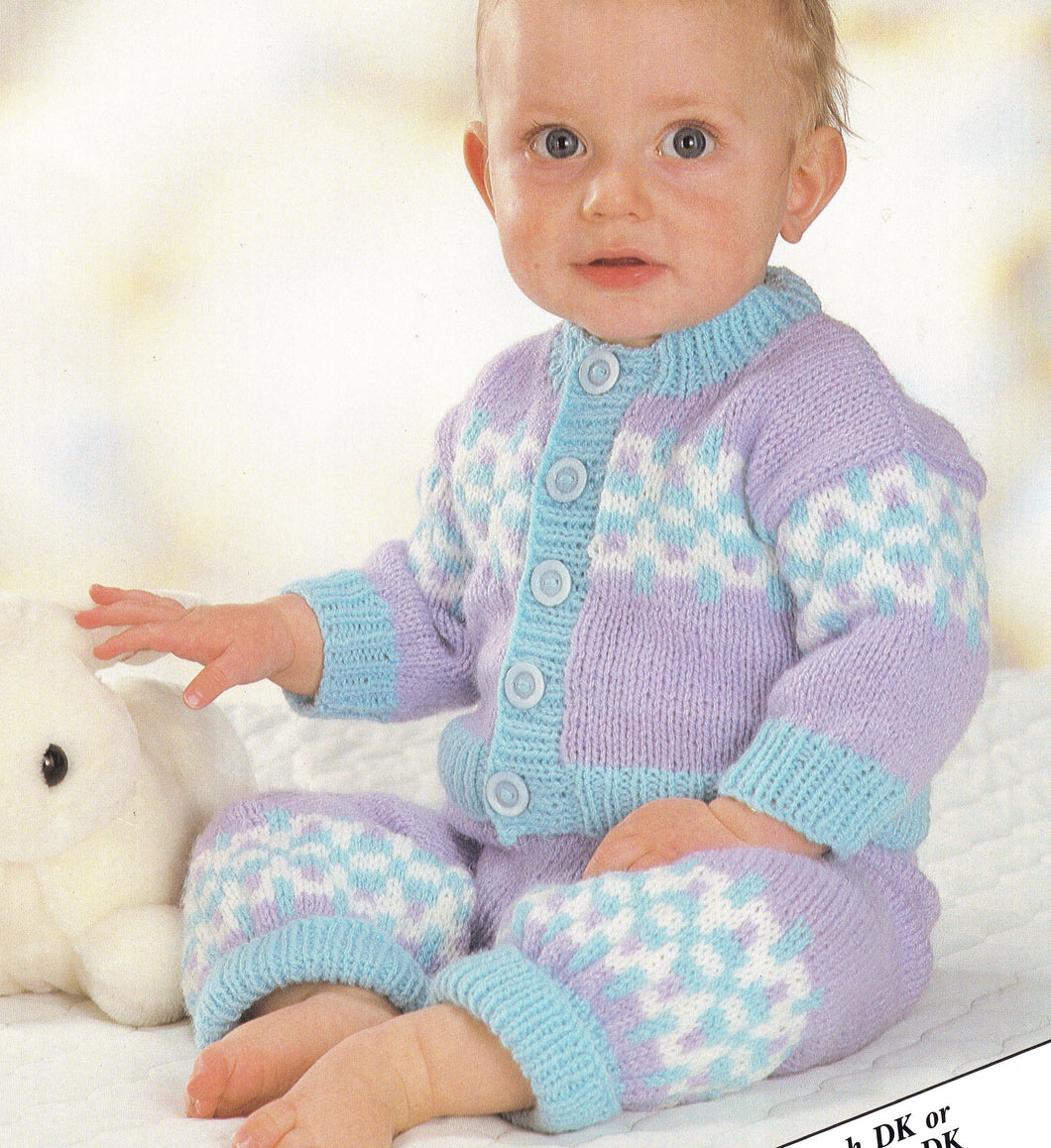Easy Boy Girl  Baby Patterned Cardigan Jacket & Knitted Trousers DK-8ply Light worsted, chest 16