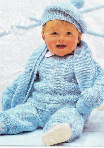 Baby Boy, Cable Jumper- Trousers, Scarf Beret & Mitts in DK-8ply Light worsted yarn, Knitting Pattern Download PDF