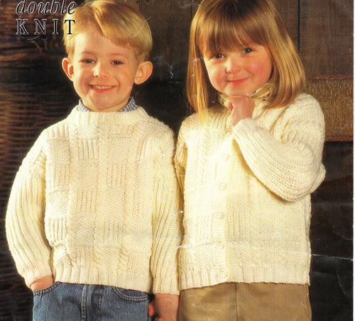 Boy Girl Easy Patterned Round neck Jumper- Cardigan  DK 8 ply Light Worsted wool-  Chest 22