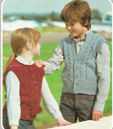 Boy Girl- Chunky Cable Waistcoat, V neck, round neck, pompom in Chunky Bulky wool- 24 -34 Check. knitting pattern Download PDF Quick knit