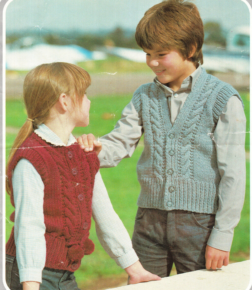 Boy Girl- Chunky Cable Waistcoat, V neck, round neck, pompom in Chunky Bulky wool- 24 -34 Check. knitting pattern Download PDF Quick knit